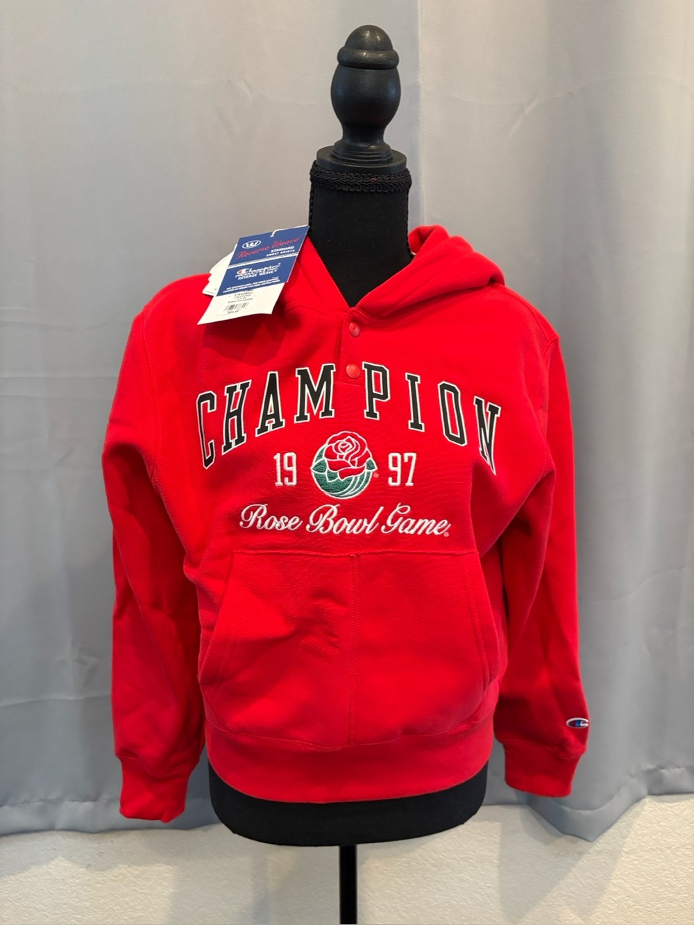 Champion women's Red Hooded Puffer Jacket with Rose Bowl Logo size